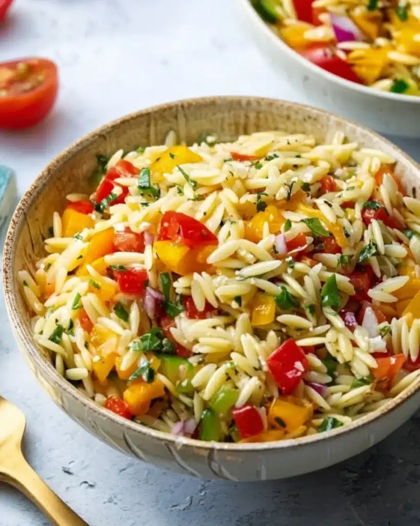 Colorful orzo salad with fresh vegetables and herbs on a serving plate.