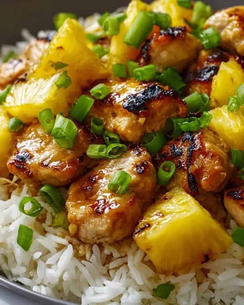 Delicious pineapple chicken served with rice on a plate