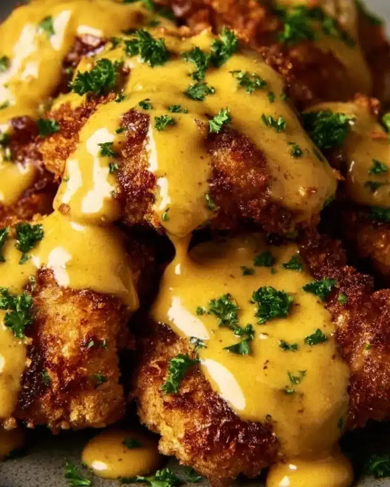 Pretzel Chicken served with mustard-cheddar sauce on a plate