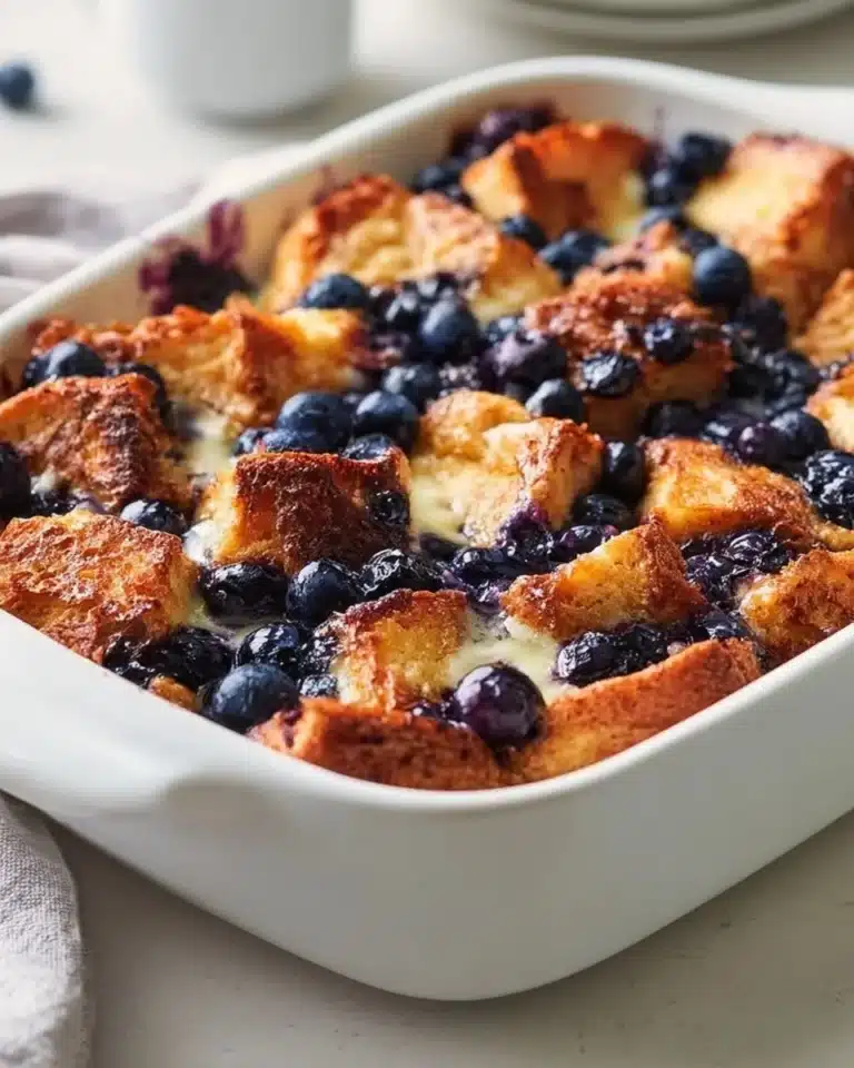 Quick Blueberry French Toast Casserole topped with fresh blueberries