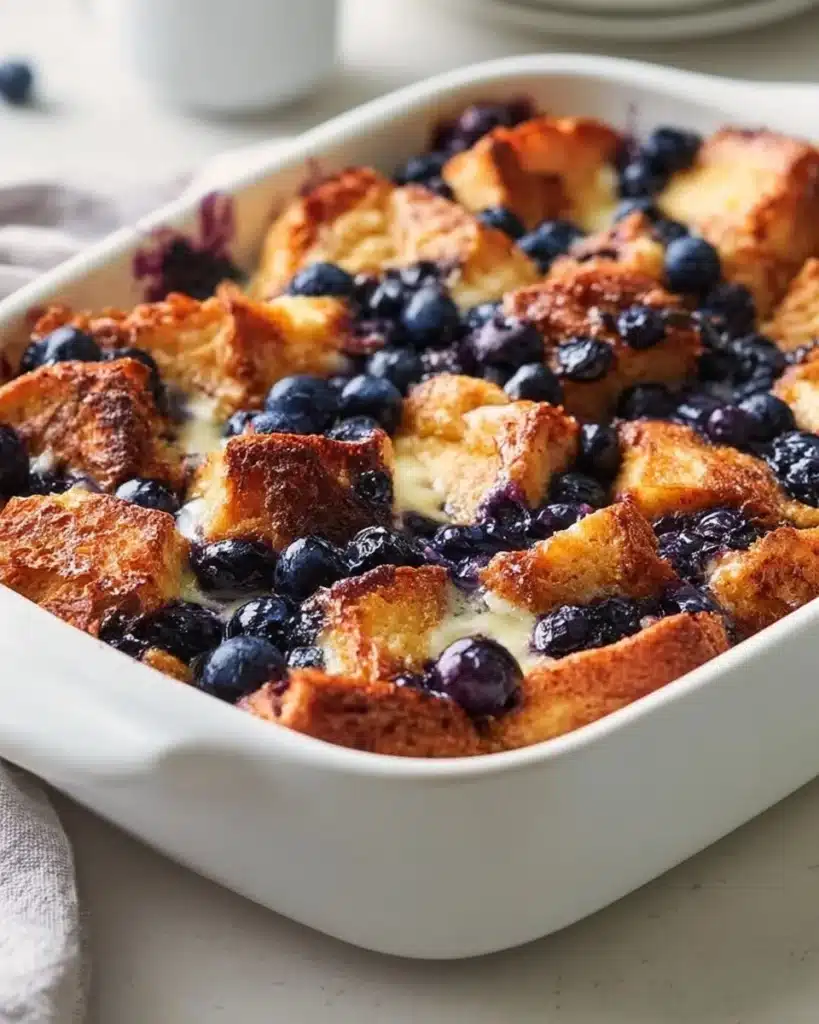 Quick Blueberry French Toast Casserole topped with fresh blueberries