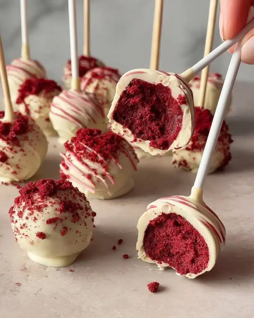 Delicious red velvet cake pops decorated with cream cheese frosting