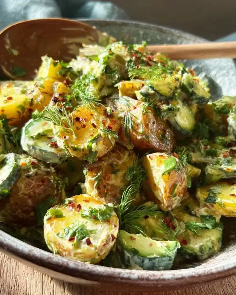 Roasted potato salad served in a bowl with fresh herbs and vegetables