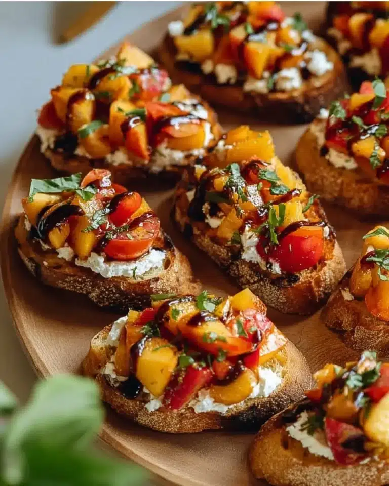 Simple Peach Bruschetta with Whipped Ricotta 2 Delicious peach bruschetta topped with whipped ricotta on a rustic wooden board