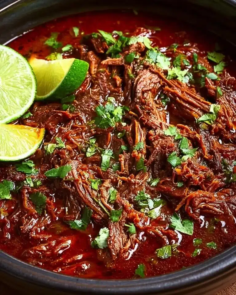 Slow cooker barbacoa beef simmering in spices and herbs