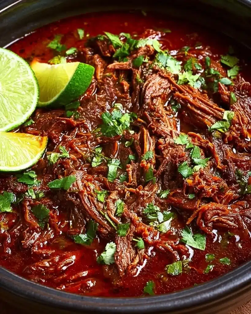 Slow cooker barbacoa beef simmering in spices and herbs