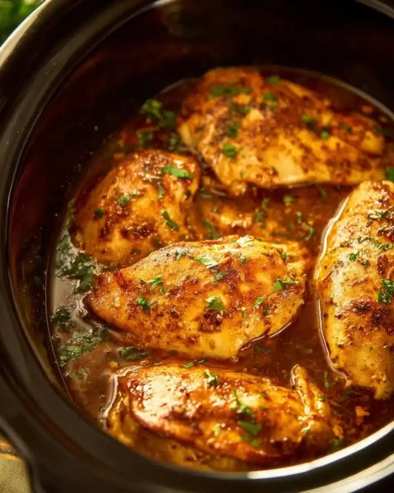 Tender slow cooker chicken breasts served with herbs and spices.