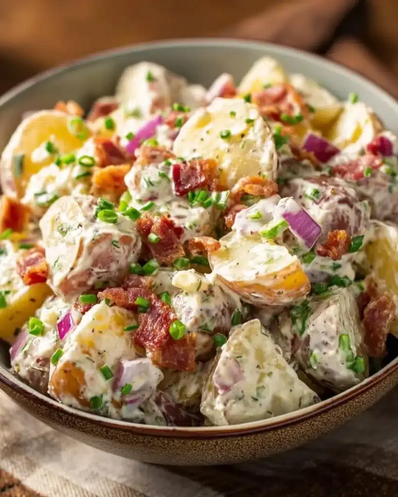 Creamy steakhouse potato salad served in a bowl with fresh herbs and spices.