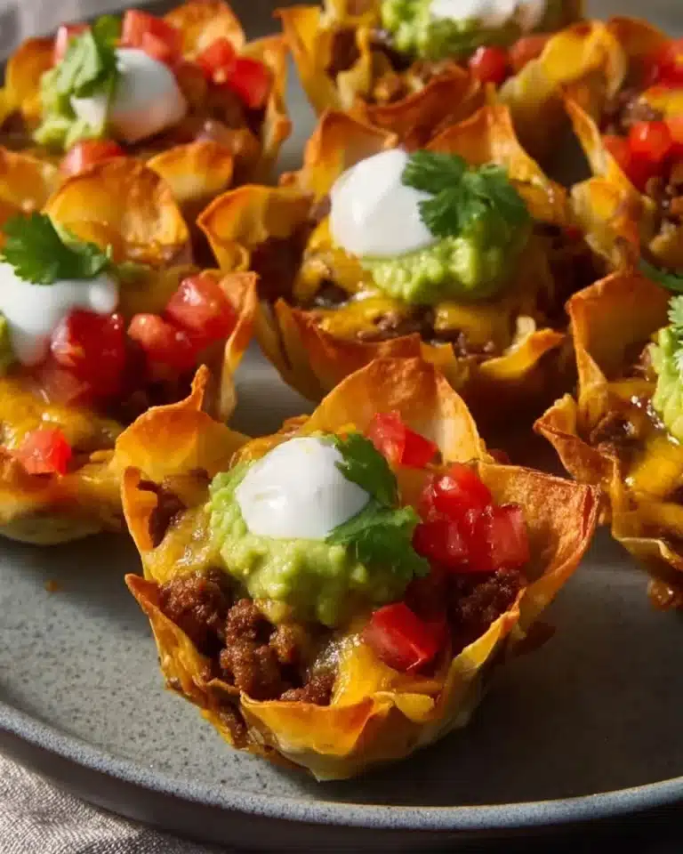 Delicious taco cups served on a wooden platter topped with fresh ingredients