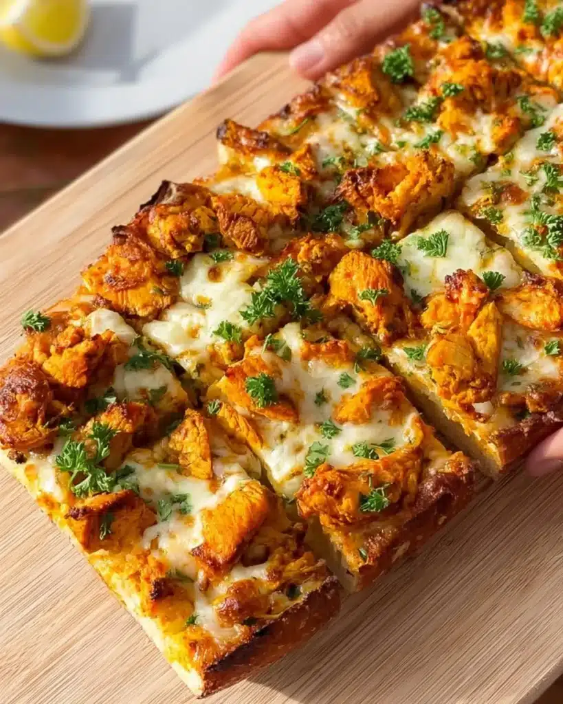 Tandoori Chicken Garlic Bread with spices and herbs on a plate