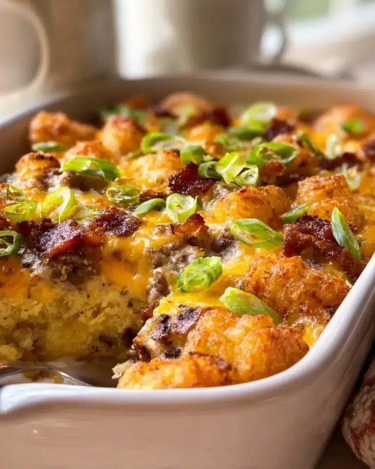 Delicious Tater Tot Breakfast Casserole topped with cheese and herbs