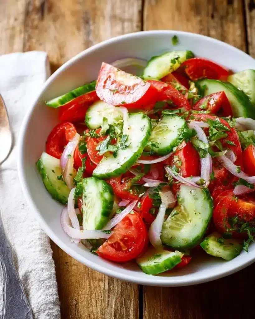 Fresh Tomato Cucumber Salad with herbs and dressing