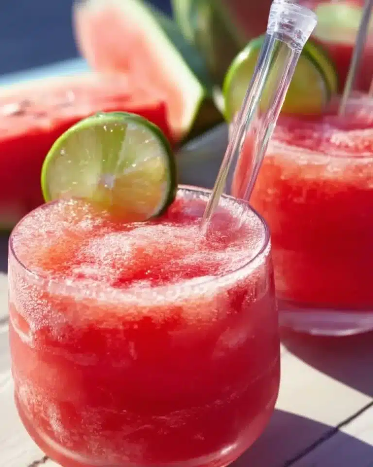 Freshly made watermelon slushies in a glass with ice and mint garnish