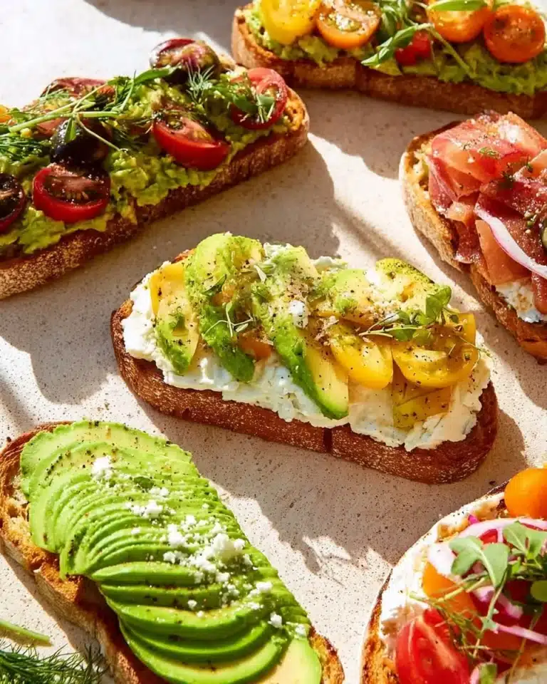 Delicious avocado toast topped with cherry tomatoes and herbs