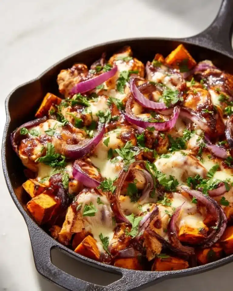 BBQ chicken sweet potato skillet dish served in a skillet for an easy dinner