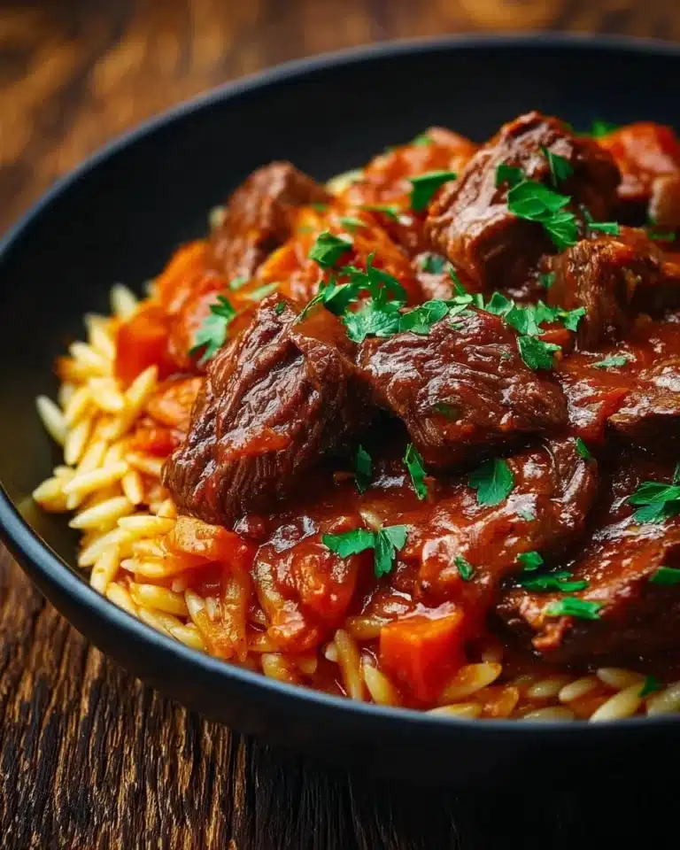 Delicious plate of Beef Giouvetsi with tender beef, orzo, and tomato sauce