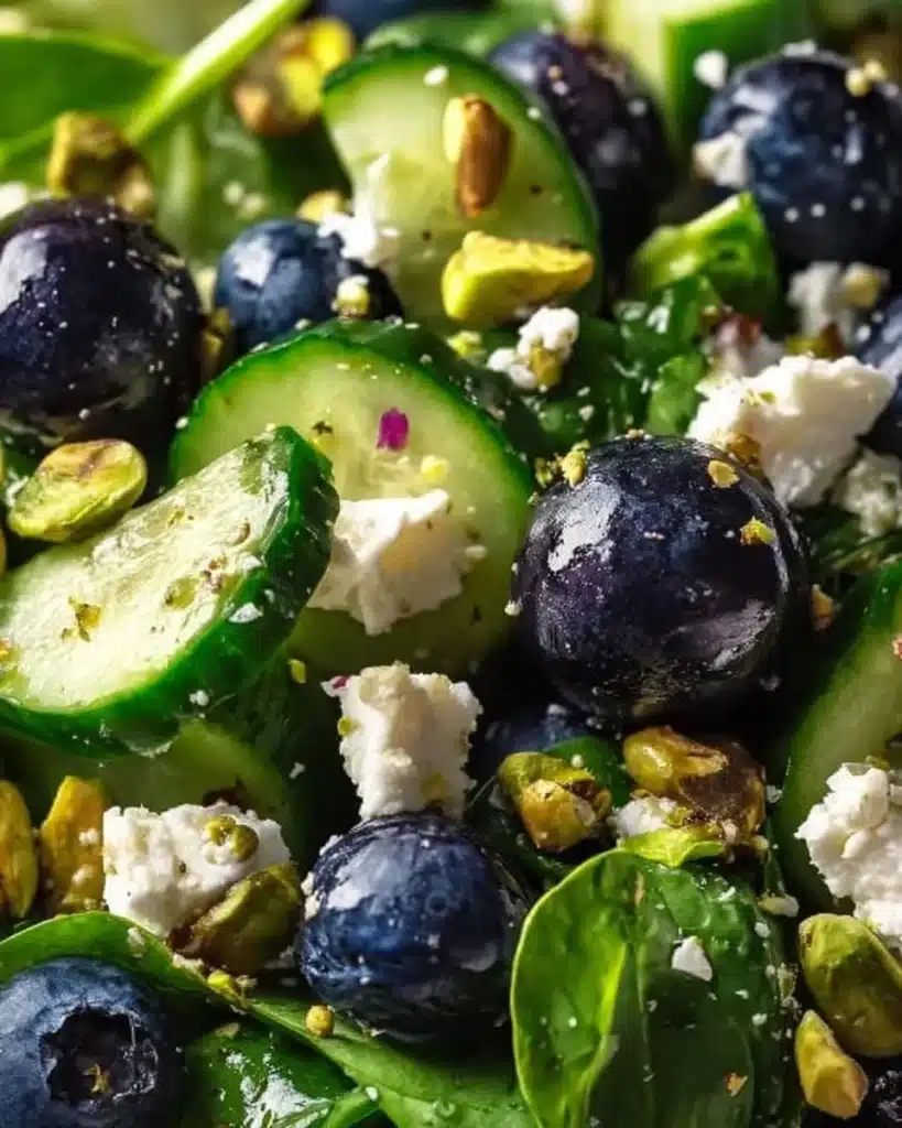 Blueberry Pistachio Spring Salad with greens, nuts, and berries