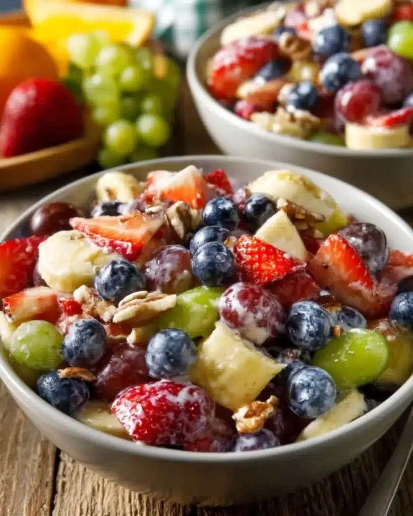 Bowl of vibrant breakfast fruit salad featuring a mix of fresh fruits.
