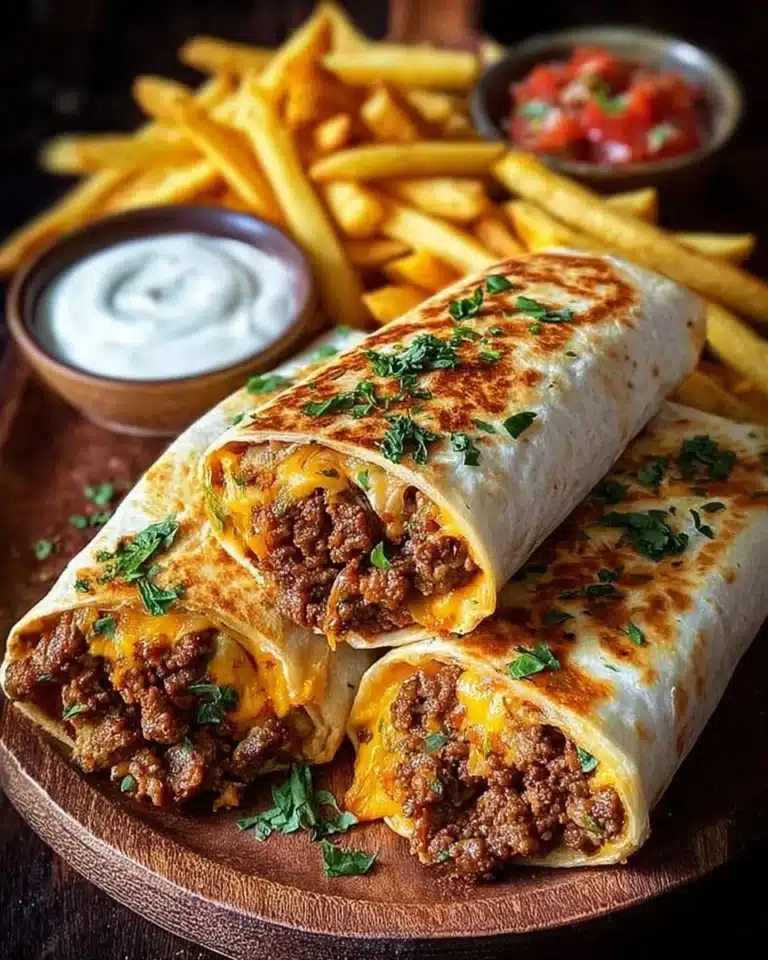 Cheesy beef burritos served with crispy fries for a delightful meal