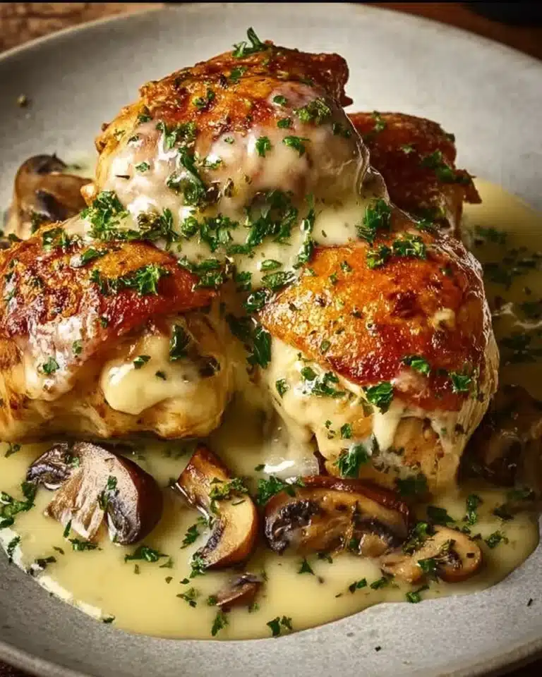 Cheesy garlic butter mushroom stuffed chicken on a plate garnished with herbs