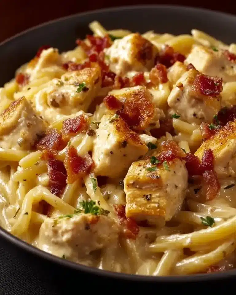 Delicious Chicken Bacon Ranch Pasta topped with crispy bacon and fresh herbs