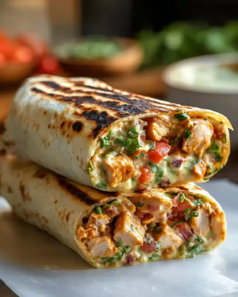 Chipotle ranch grilled chicken burrito with fresh ingredients and toppings