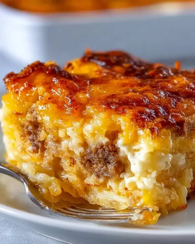 Delicious Classic Breakfast Hashbrown Casserole served in a baking dish.