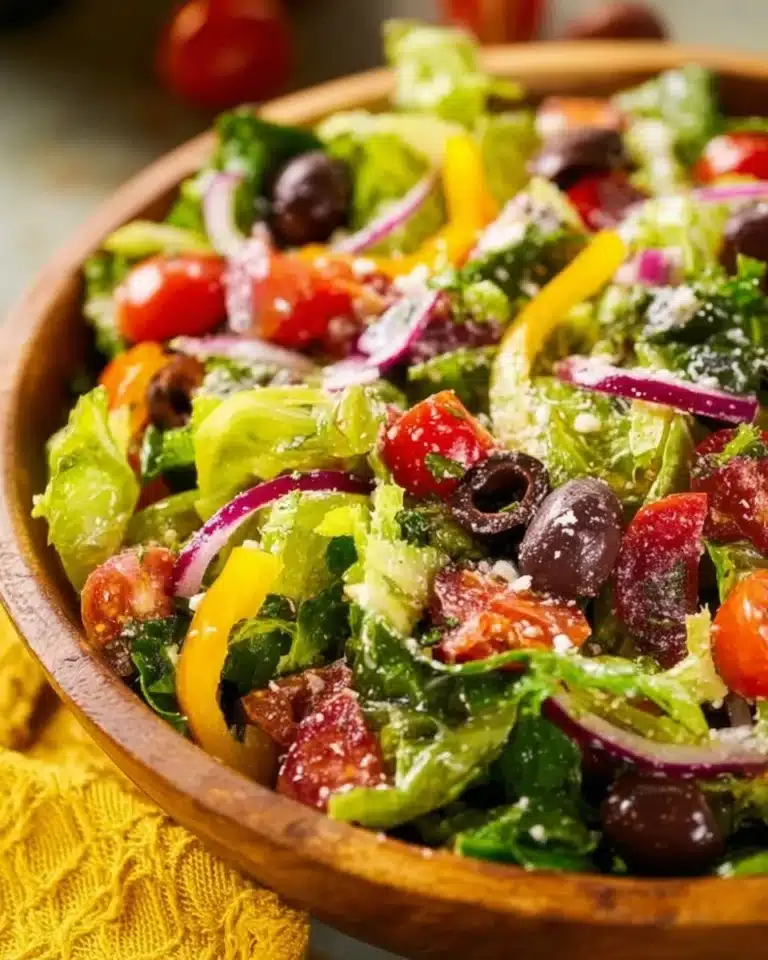 Classic Italian Salad with fresh vegetables, olives, and dressing