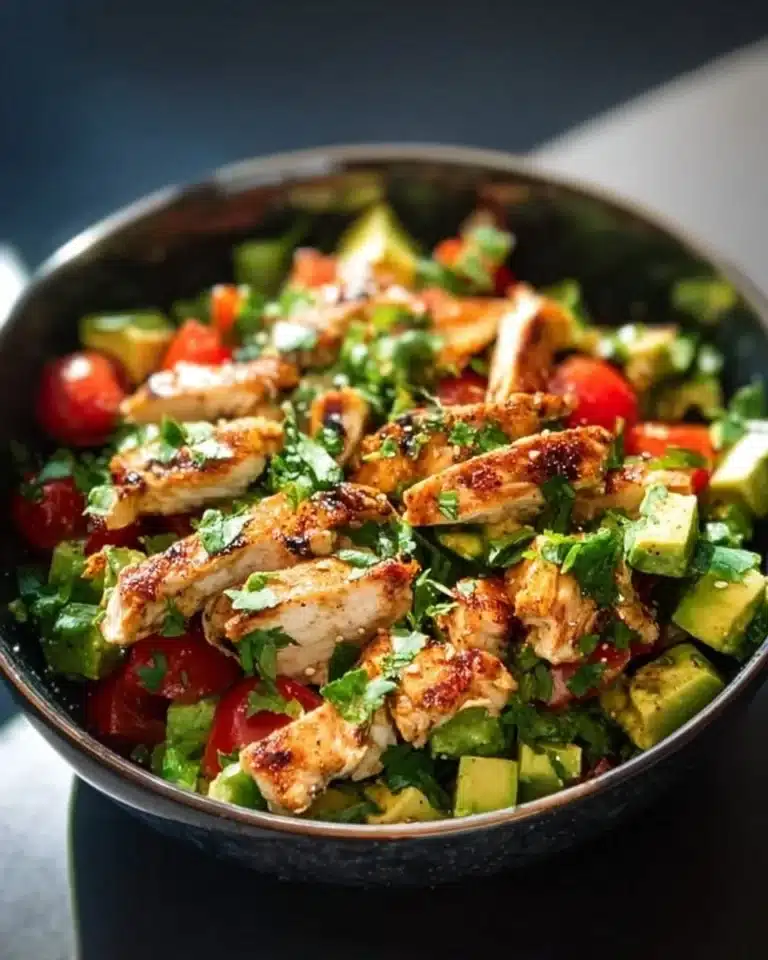 Creamy avocado chicken salad served in a bowl with fresh ingredients