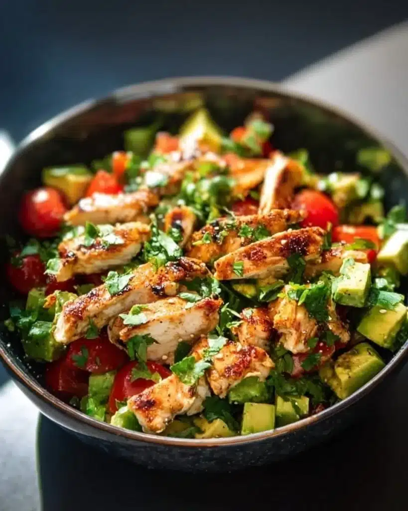 Creamy avocado chicken salad served in a bowl with fresh ingredients