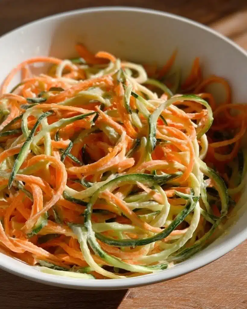 Creamy cucumber and carrot salad served in a bowl with fresh herbs