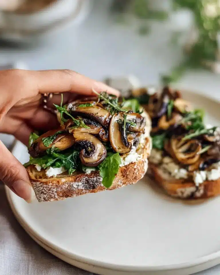 Creamy mushroom toast topped with herbs and spices on rustic bread