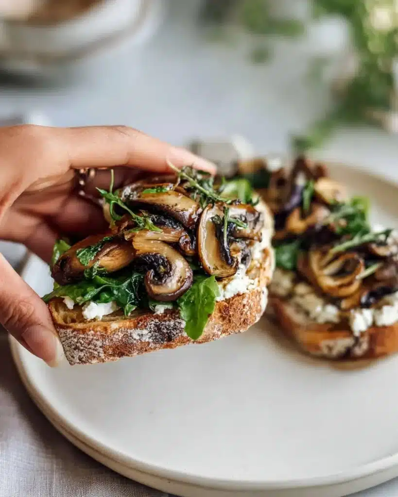 Creamy mushroom toast topped with herbs and spices on rustic bread