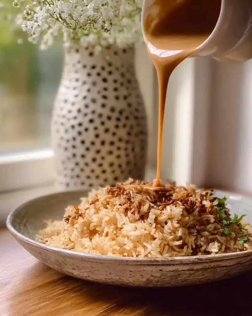 Crispy Rice Salad with Satay Chicken garnished with fresh vegetables