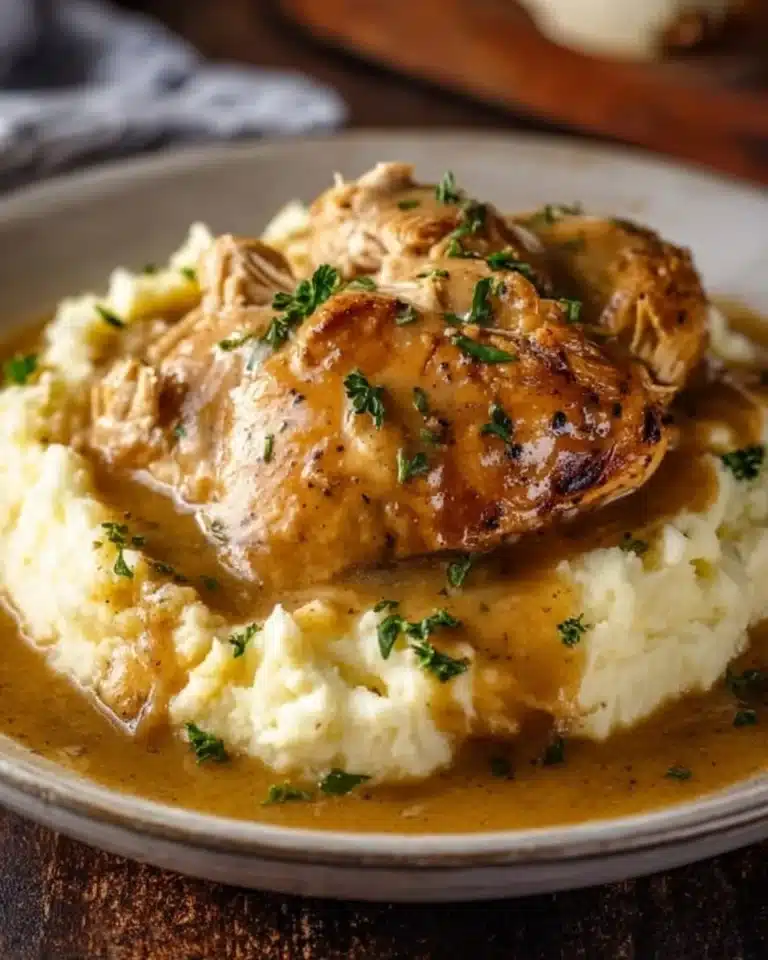 Crockpot chicken and gravy served in a bowl with rice.