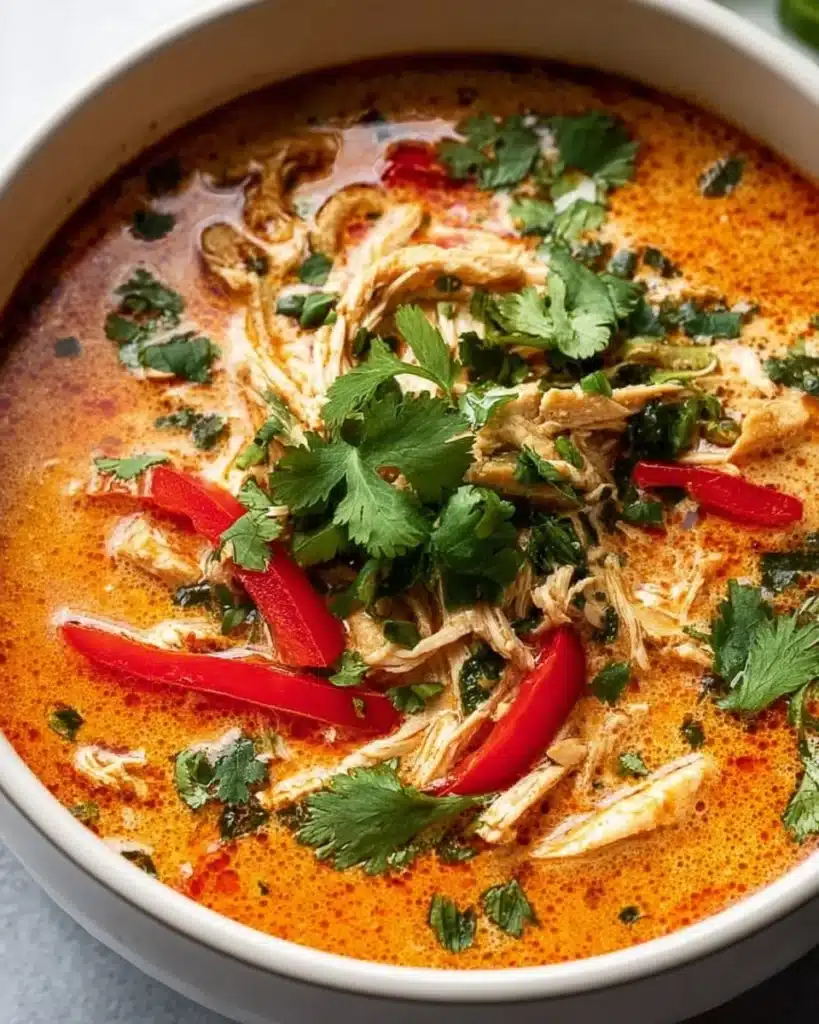 Bowl of delicious Crockpot Thai Coconut Chicken Soup garnished with herbs
