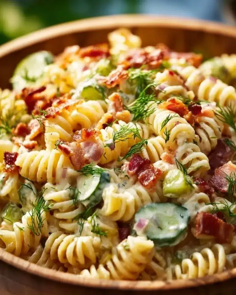 Delicious Dill Pickle Bacon Pasta Salad garnished with fresh herbs