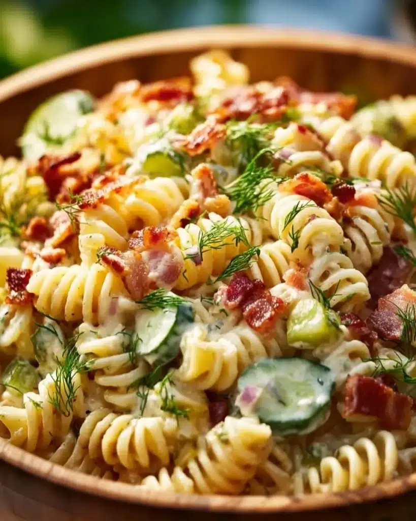 Delicious Dill Pickle Bacon Pasta Salad garnished with fresh herbs