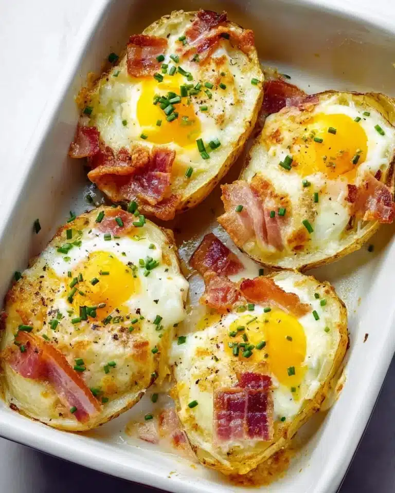 Double baked bacon egg potatoes dish with crispy bacon and fluffy eggs