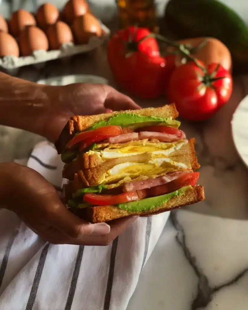 Delicious vegetarian egg sandwich with fresh ingredients on a plate