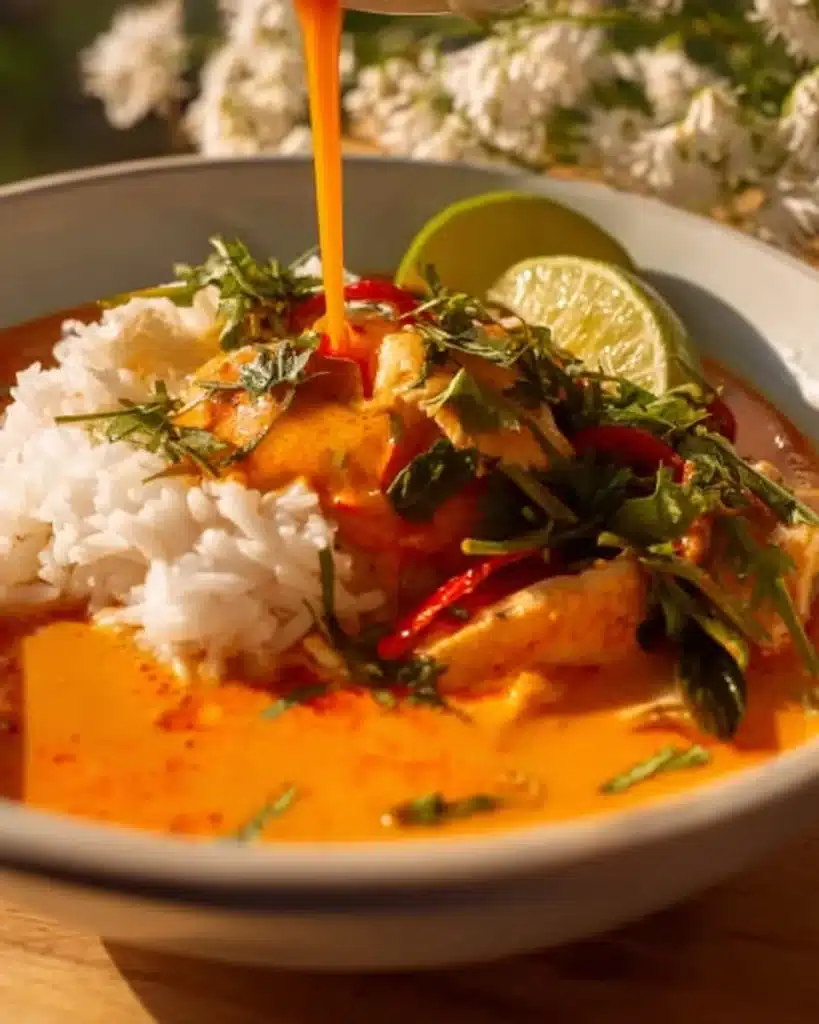 Bowl of easy Thai red curry with fresh vegetables and herbs