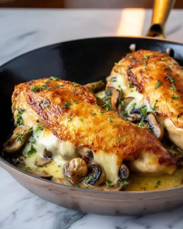Flavorful Mushroom Stuffed Chicken Breast 2 Juicy mushroom stuffed chicken breast served on a plate with herbs