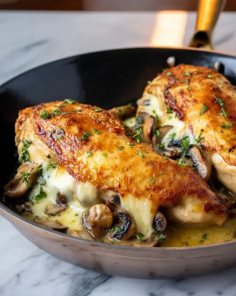 Juicy mushroom stuffed chicken breast served on a plate with herbs