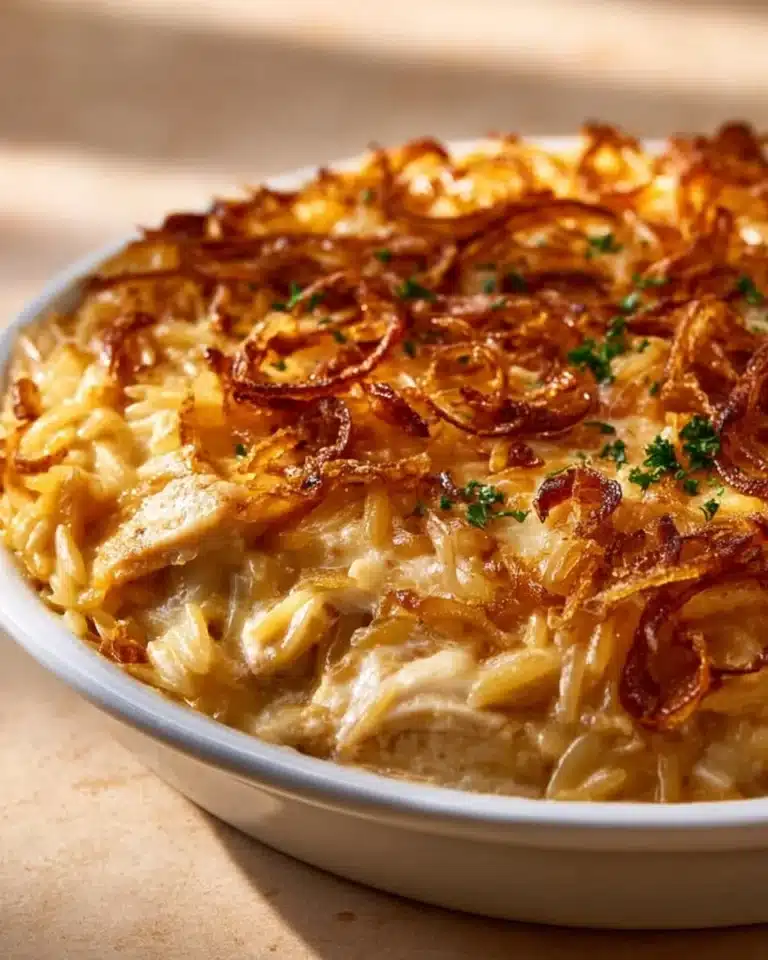 Delicious French Onion Chicken Orzo Casserole topped with melted cheese