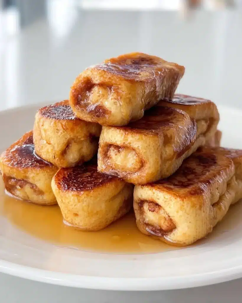 Delicious French Toast Roll-Ups served on a plate with syrup and berries.