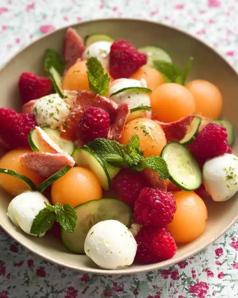 Fresh salad with melon, raspberries, cucumber, prosciutto, and mozzarella