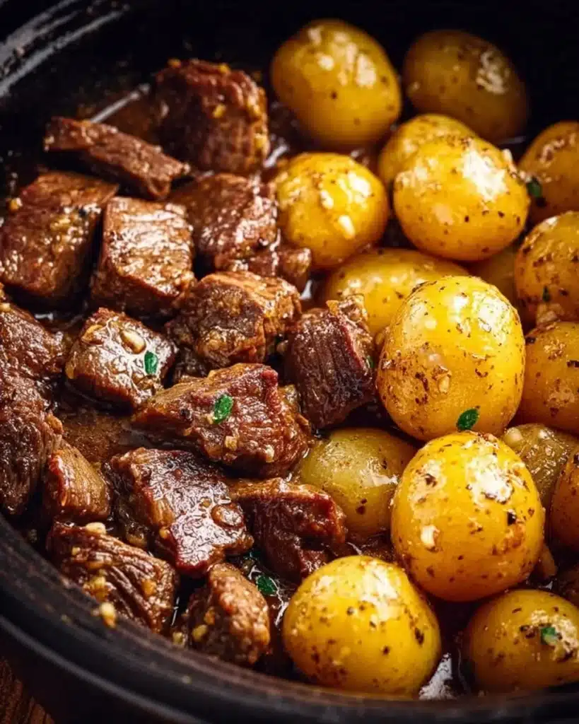 Garlic Butter Beef Bites served with golden potatoes