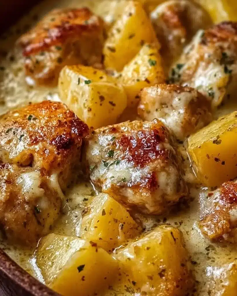 Crockpot Garlic Parmesan Chicken with Potatoes plated and garnished