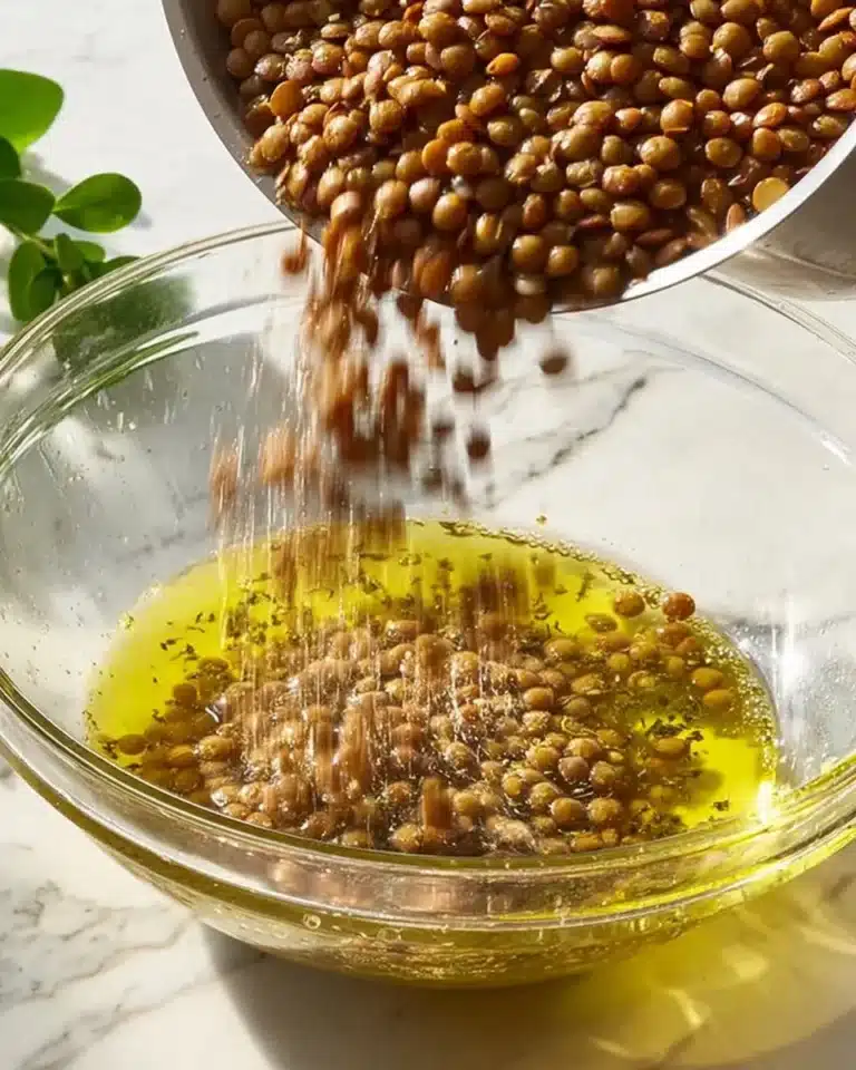Delicious Greek Lentil Salad with vibrant vegetables and dressing marinade