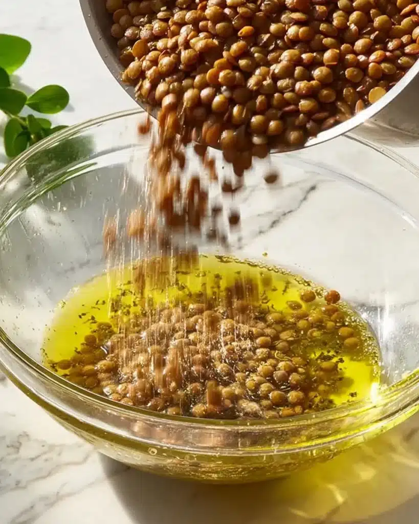 Delicious Greek Lentil Salad with vibrant vegetables and dressing marinade
